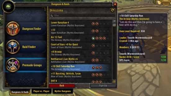 A snapshot of the Raider.IO WoW addon in action  in the in-game Dungeons and Raids menu,.