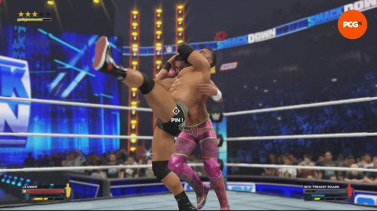 WWE2K24 review: LA Knight is about to use his BFT finisher against Seth "Freakin'" Rollins.