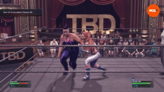 WWE 2K24 review: one custom wrestler is Irish Whipping the other custom wrestler into the ropes of a TBD ring.