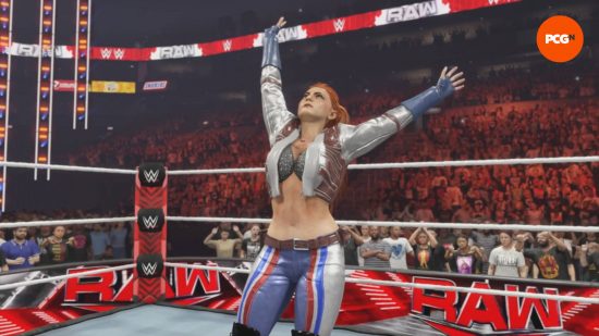 WWE 2K24 unlockables: a redhead wrestler waving her arms to the crowd in celebration.