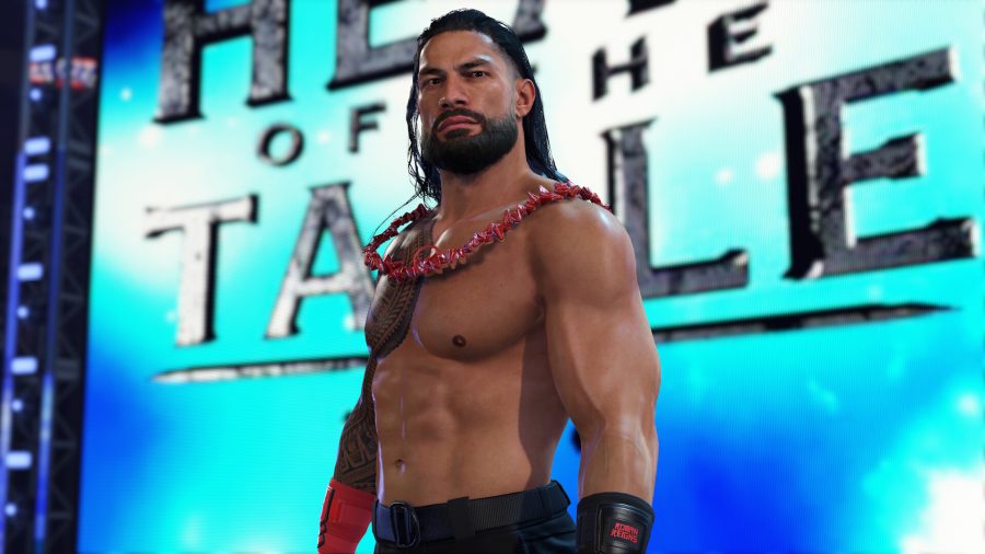 WWE 2K24: Roman Reigns standing in front of the Titantron that reads 