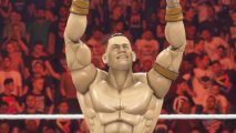 One of the first WWE 2K24 locker codes was for a Mattel toy version of John Cena. He is posing after a victory in a match.