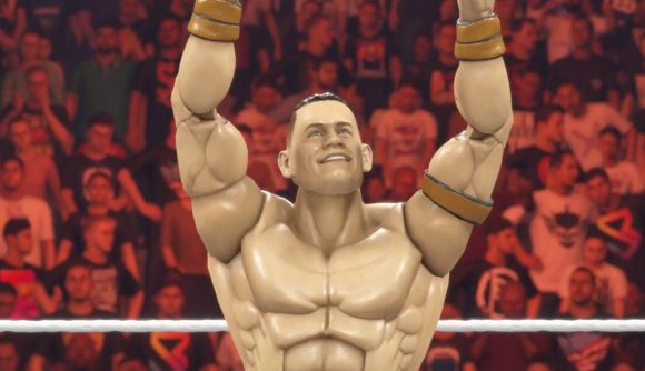 One of the first WWE 2K24 locker codes was for a Mattel toy version of John Cena. He is posing after a victory in a match.