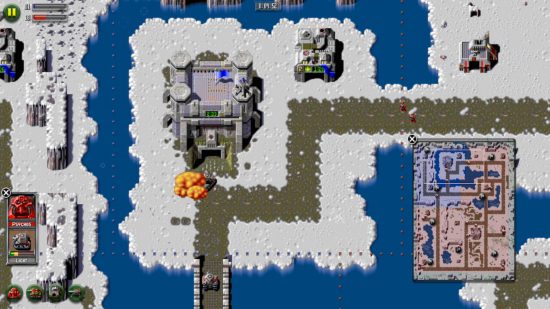 Z (παιχνίδι RTS) - Ένα στιγμιότυπο οθόνης με κόκκινες μονάδες που επιτίθενται στο μπλε οχυρό σε αυτό το παιχνίδι στρατηγικής του 1996 σε πραγματικό χρόνο από τους Bitmap Brothers.