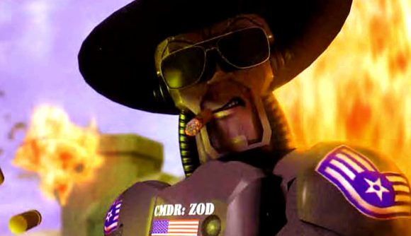 The coolest RTS game of the '90s is yours for under one dollar - Commander Zod from 1996 RTS game Z, a cigar-chomping drill sergeant wearing sunglasses and a military hat, sneering as a fortress explodes behind him.