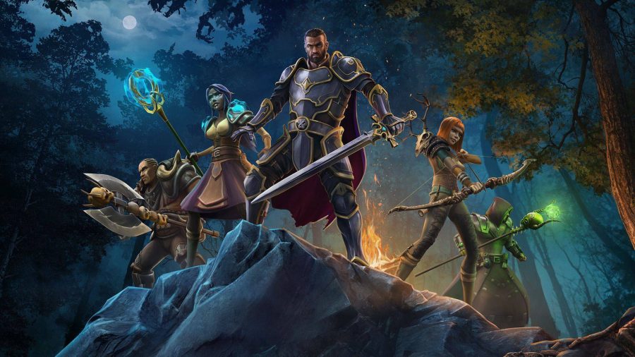 Zoria Age of Shattering: A group of fantasy heroes stand on a hill looking down at the camera, a bonfire behind them, as well as a dark forest
