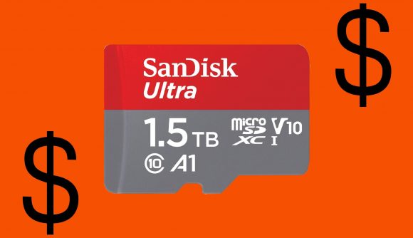 An image of a SanDisk Ultra 1.5TB microsd car against an orange background with two black dollar signs either side of it