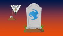 An image of the Turtle Beach logo beside a shovel while a gravestone with the Roccat logo upon it is in the forground.