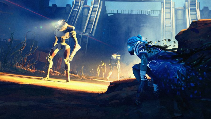 Ereban Shadow Legacy: A woman with blue hair wearing a back crouches in the shadows as patrols of robots walk past outside a high-walled factory