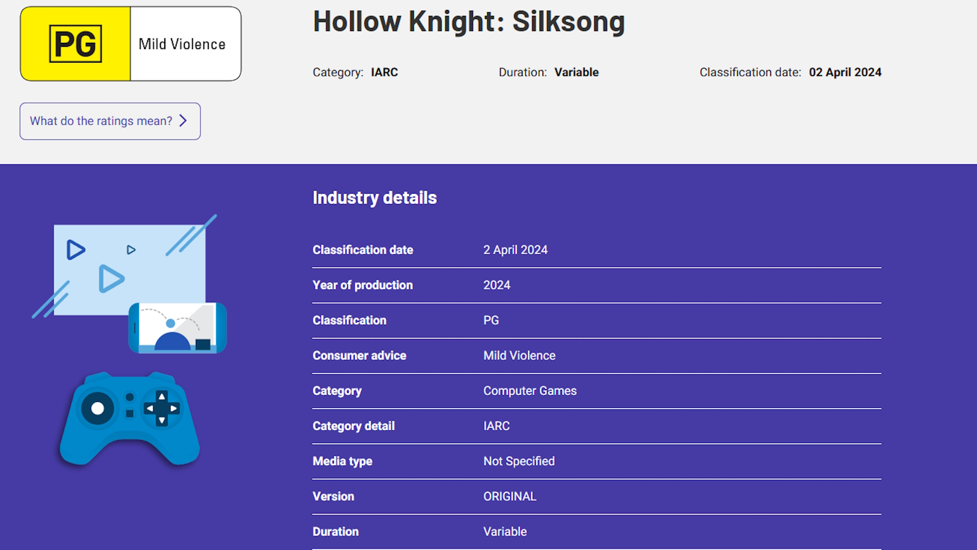 The Australian Classification Board's rating of Hollow Knight: Silksong