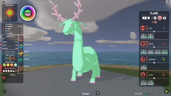 A screenshot from Adapt showing the creature creator tool, here making a green dinosaur-like animal that has a pair of antlers atop its head.