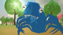 Create your own species in new Spore like evolution simulator: A blue many-limbed creature smiles toothily at the camera, with the sun behind and green trees all around.