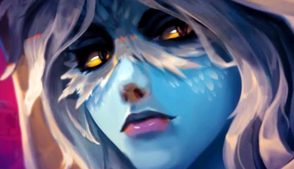 Against the Storm update 1.3 release date - A blue-skinned harpy with white feathers around its yellow eyes.