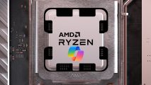 An AMD Ryzen CPU with a Windows CoPilot logo layered on top of it