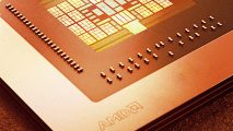 A close-up of an AMD Ryzen CPU, coated in an orange hue