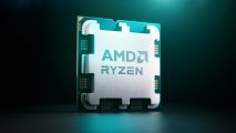 An AMD Ryzen processor, under a blue-green spotlight