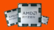 A series of AMD Ryzen processors, varying in size, against an orange background