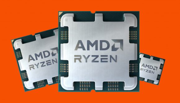 A series of AMD Ryzen processors, varying in size, against an orange background