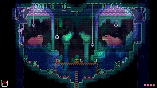 Animal Well preview: screenshot of a colorful 2D stage in Animal Well featuring several capybaras.