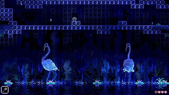 Animal Well Game Pass: a small blob creature traverses a platform above two giant swans.