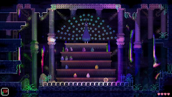 Animal Well preview: screenshot of a colorful 2D stage in Animal Well featuring a peacock.