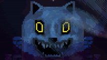 Animal Well preview: close up shot of a pixel art cat with glowing yellow eyes and sharp teeth.