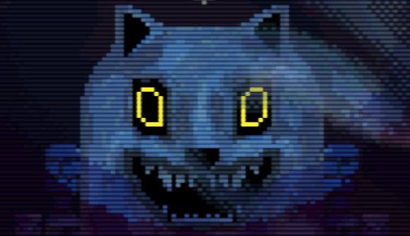 Animal Well preview: close up shot of a pixel art cat with glowing yellow eyes and sharp teeth.