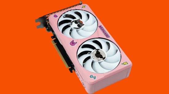 An image of a pink nvidia graphics card with a vcat and pug printed at the centre of the cooling fans