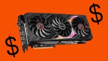 An image of the ASRock AMD Radeon RX 7900 XR against an orange background and with a black dollar sign on each side