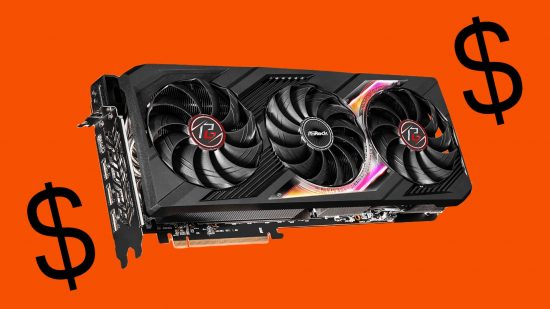 An image of the ASRock AMD Radeon RX 7900 XR against an orange background and with a black dollar sign on each side