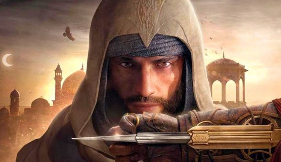 Assassin's Creed Mirage free trial: a close up of a man holding his wrist in front of his hooded face, with a blade coming from a device on his wrist