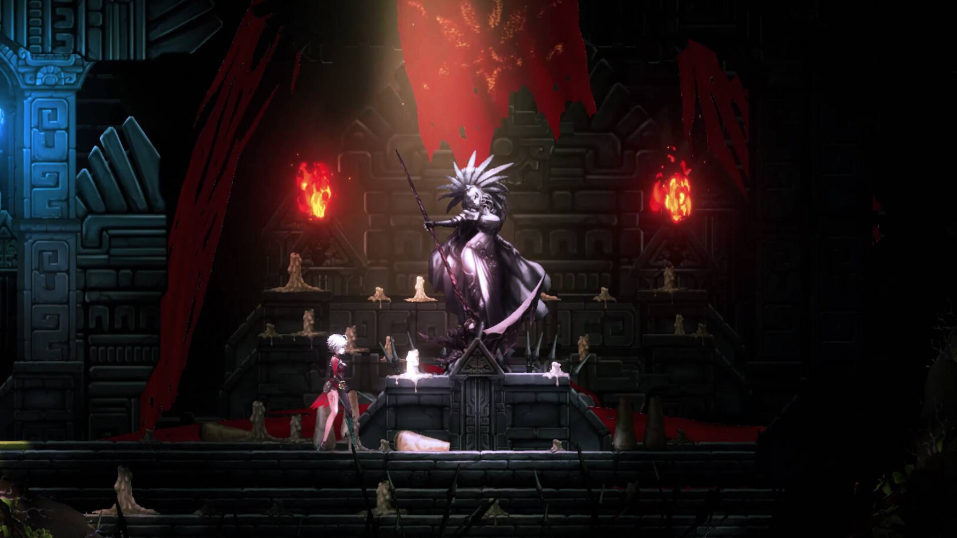 Animovaná dívka se stříbrnými vlasy stojí vedle sochy postavy podobné bohyni v tlumeně osvětlené jeskyni