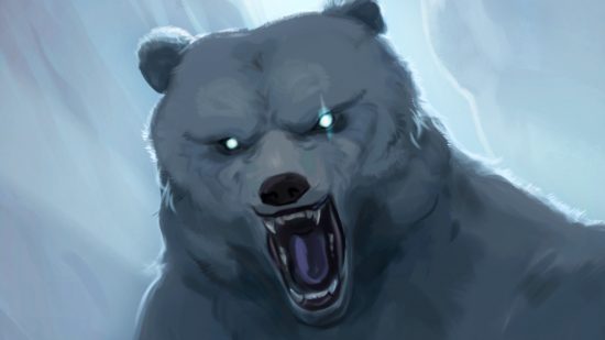Azoove is a new survival-based co-op roguelike deckbuilder - A giant bear with glowing eyes roars.