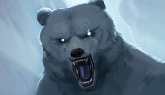 Azoove is a new survival-based co-op roguelike deckbuilder - A giant bear with glowing eyes roars.
