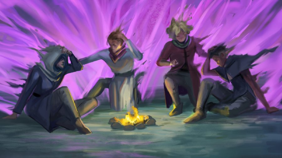 Azoove - Four people gather together around a small campfire as purple energy roars around them.