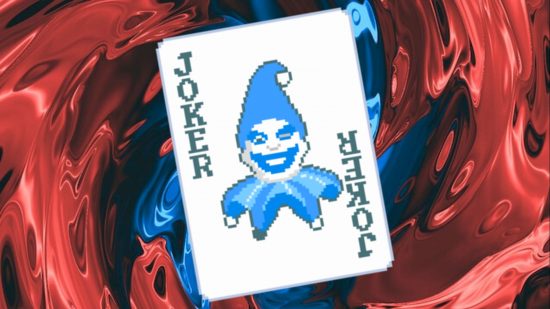 Balatro patch 1.0.1 experimental: a blue joker card on a red and blue swirly background