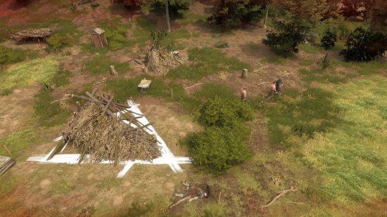Bellwright early access review: top-down view of a battle with some bandits.