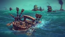 95% rated Steam medieval physics sandbox reveals new watery expansion: An oddly constructed wooden ship takes aim at some distant houses, with fire and smoke rising from some.