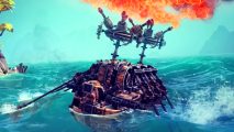 Besiege The Splintered Sea boasts fantastic underwater explosions - A boat sails across the water, flames pouring from jets atop of it.