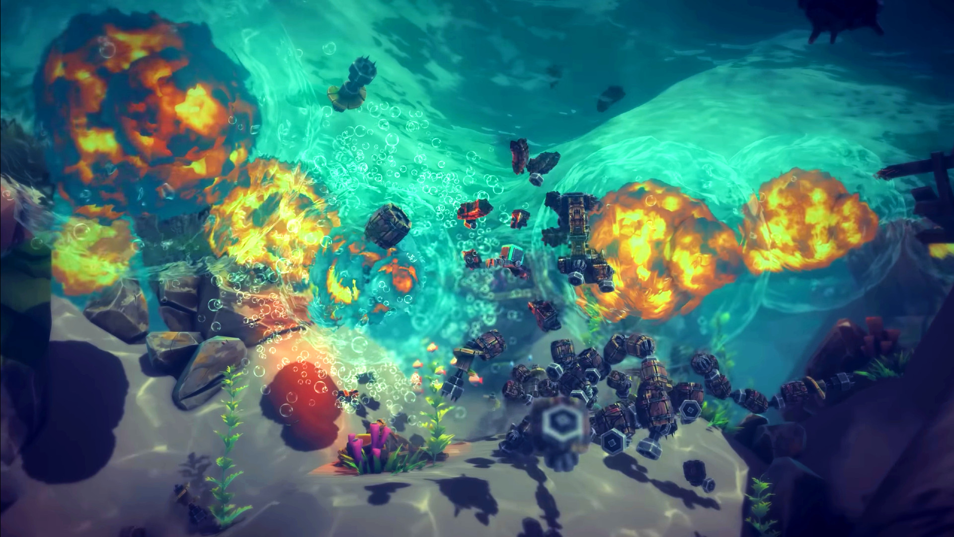 Besiege The Splintered Sea: demostración de las nuevas explosiones submarinas, que forman burbujas que luego colapsan, succionando objetos nuevamente.