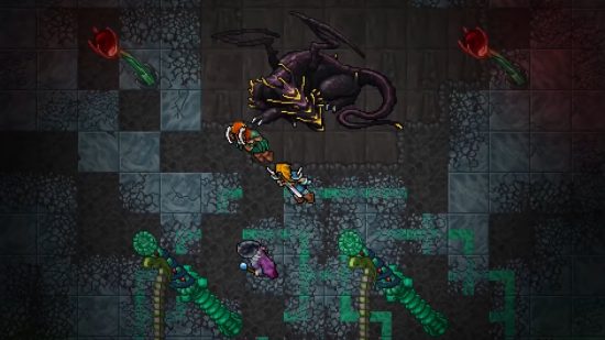 Best dragon games: Tibia. Image shows characters approaching a sleeping dragon in a dungeon.
