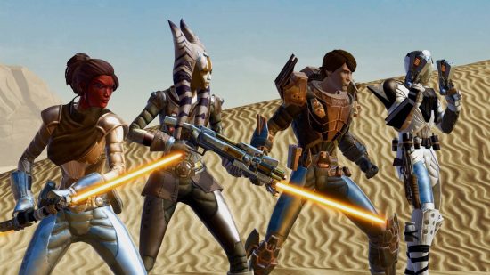 Best MMORPGs: Several Jedi wielding yellow lightsabers and blasters in Star Wars: The Old Republic.