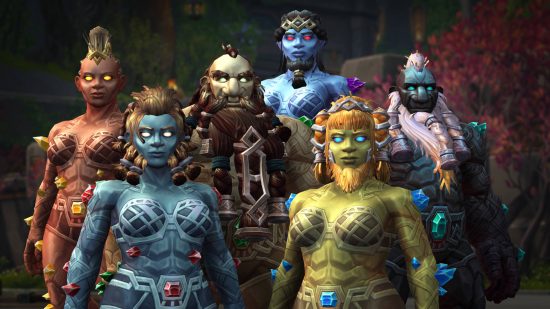 Best MMORPG: several Warcraft races with blank eyes and jewels embedded into their bodies.