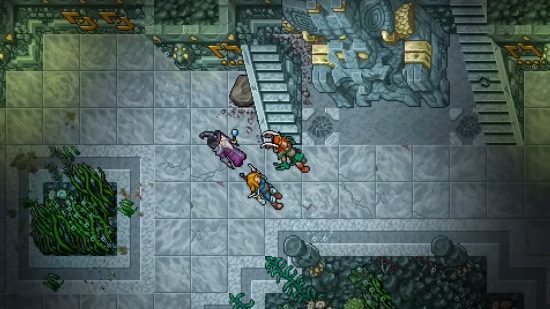 Best MMO games: Tibia. Image shows adventurers approaching a large stone creation.
