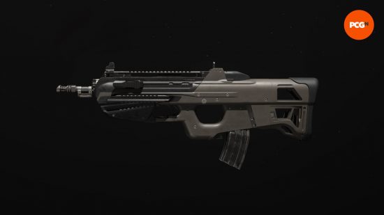Best Warzone guns: a bullpup style assault rifle on a black background.