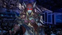 BlizzCon 2024 cancelled with no firm timetable for return: Sylvanas Windrunner sands in front of the BlizzCon 2023 opening cerenomy.