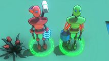 Fully destructible RTS sees you face off against tides of robotic foes: Two friendly robots stand next to each other, one red and one green, each armed with different weaponry.