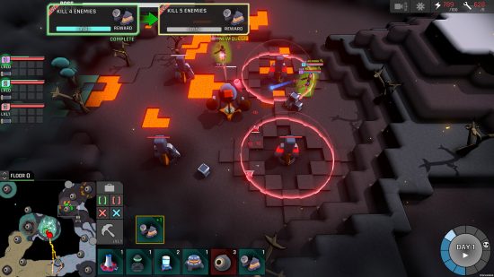 A screenshot from Block Strategy that shows a few towers fighting off attackers in a dark, lava-filled area of the map 
