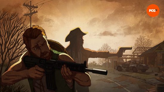 Broken Roads review: A cartoon man and woman aiming guns, from Broken Roads.