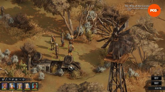 Broken Roads review: Five people stand near a flipped, rusted car and windmill, from Broken Roads.
